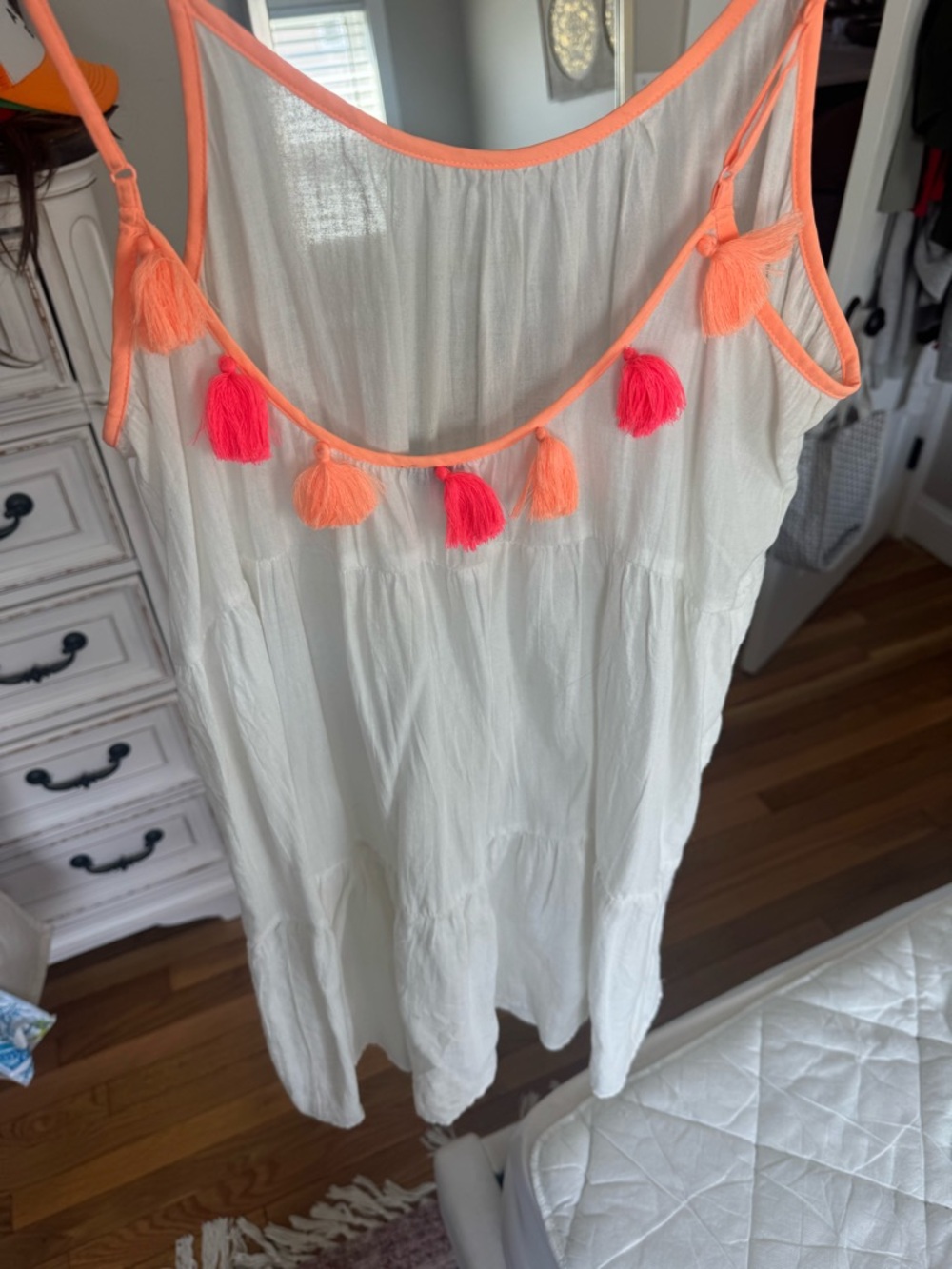 aerie White Dress with Coral and Hot Pink Tassels